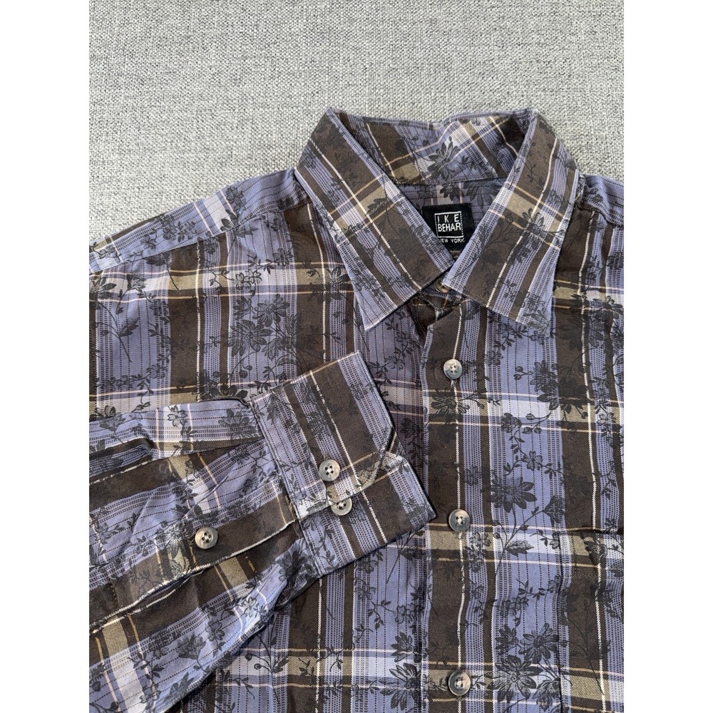 IKE Behar New York Men's Large Floral Plaid Dress Shirt Blue Brown Long Sleeve